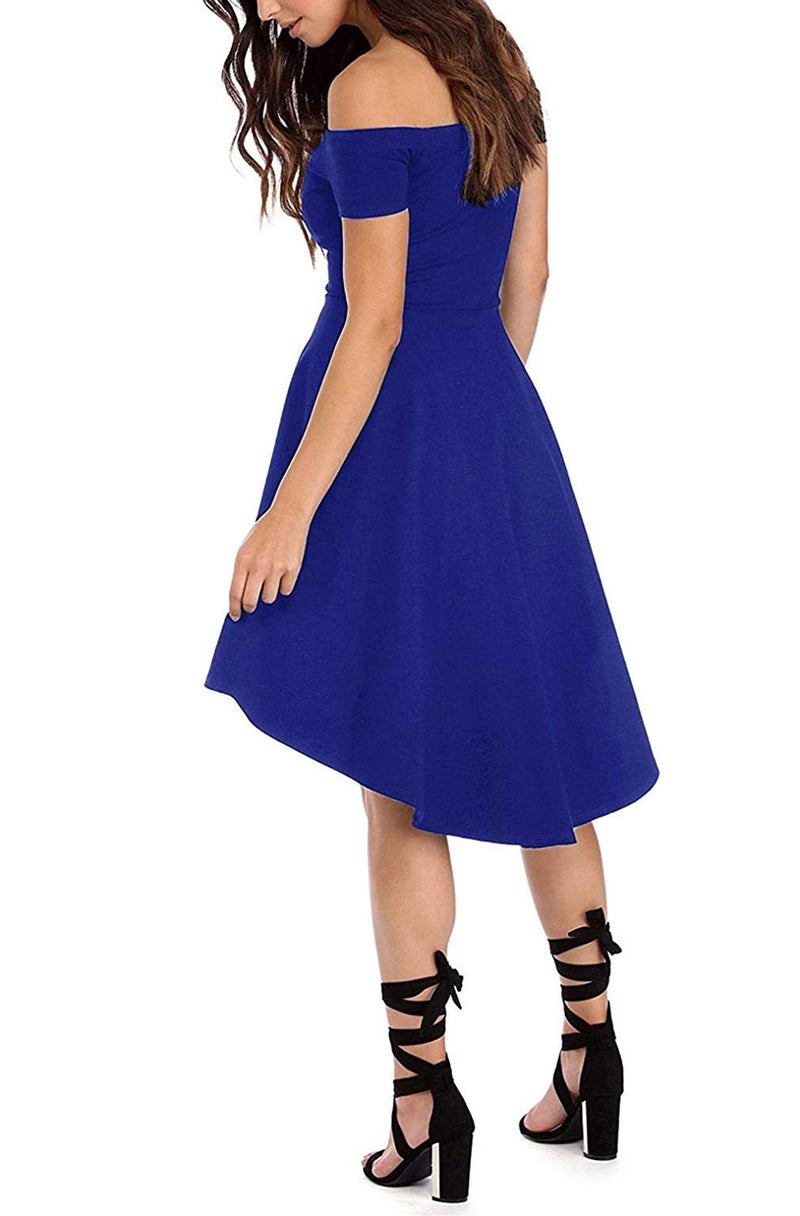 Sarin Mathews Women Off The Shoulder Short Sleeve High Low Cocktail Skater Dress RoyalBlue 2XL - Image 2